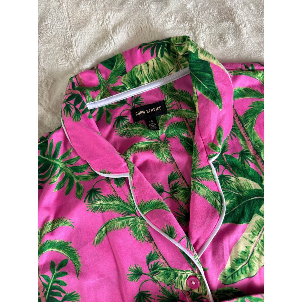 Room Service Palm Print Pajama Set Pink Green Tropical Resort Lounge L - Picture 4 of 5